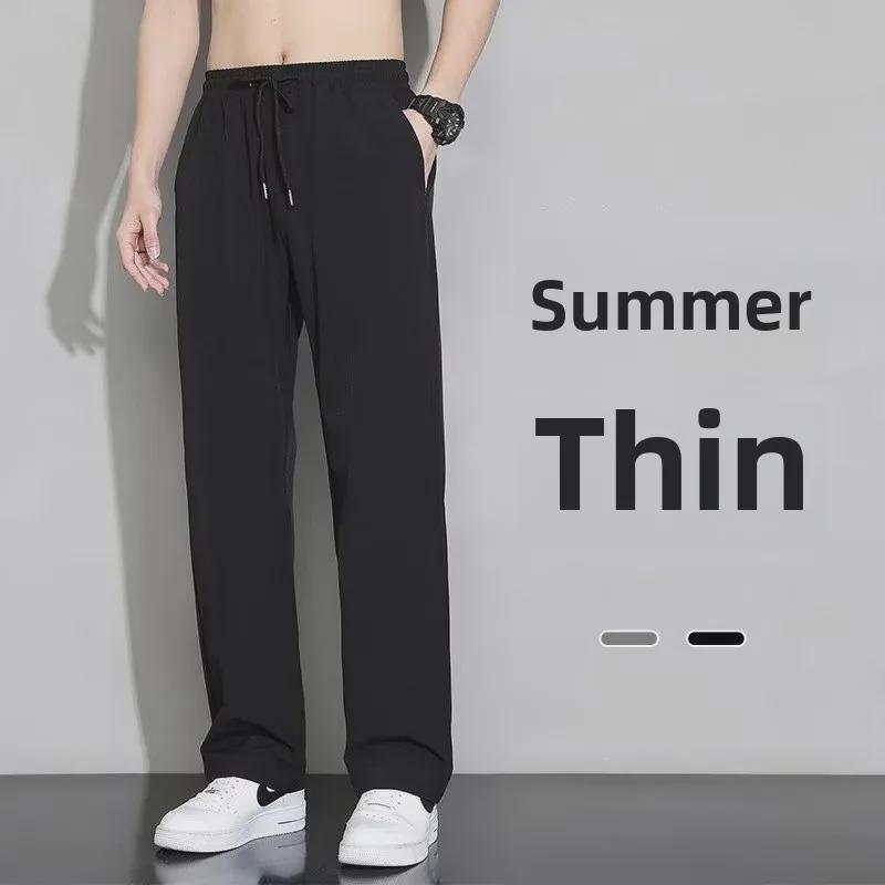 "Men's Ice Silk Slim Casual Pants - Korean Style, Spring/Summer/Autumn, Loose Straight Sports Trousers"