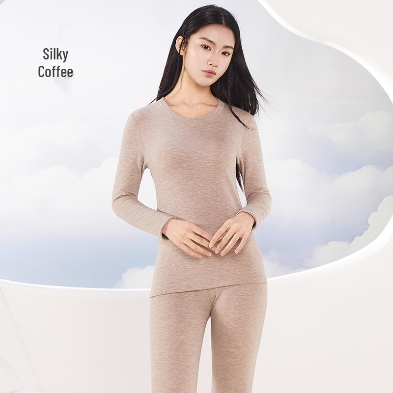 Cashmere Silk Round Neck Edged Antibacterial Fleece-Lined Women's Autumn Undershirt & Pants Set - Warm & Skin-Beautifying.
