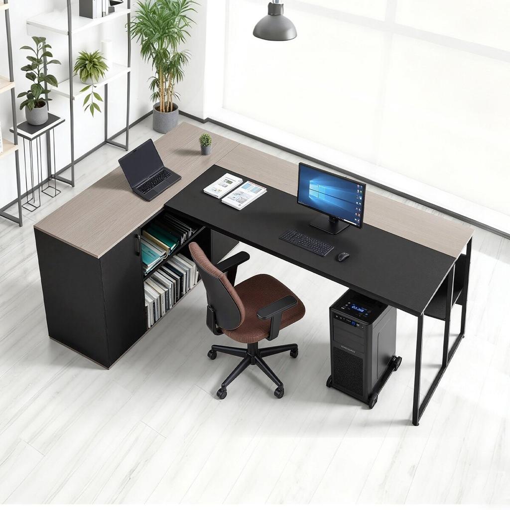 L-Shaped Executive Desk, Large Modern Office Table with Drawers & Storage Cabinet, Heavy Duty Wooden Executive Table with CPU Stand, 158.7 KG Load