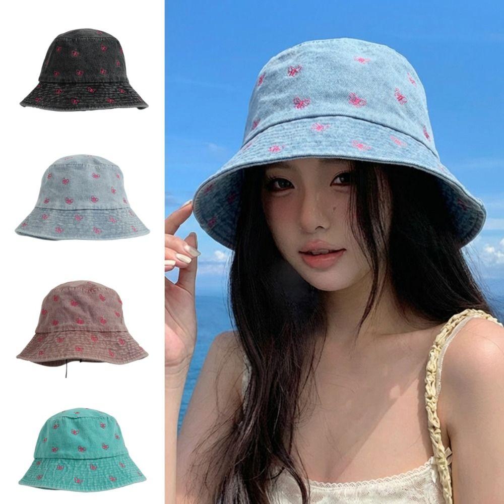 Windproof Butterfly Embroidered Cowboy Hat Retro Big Brim Sun Hat Fisherman's Hat  Autumn