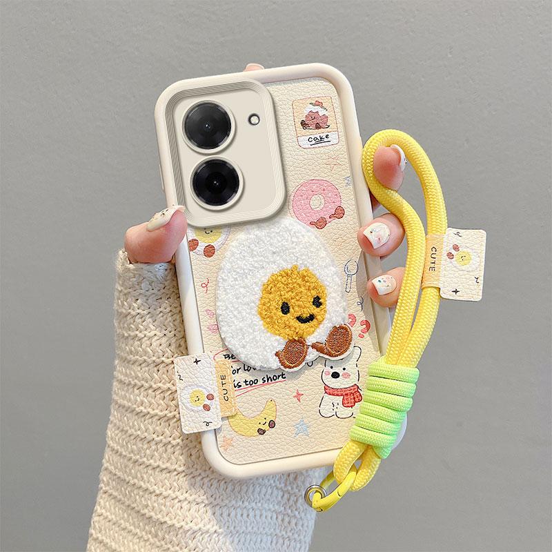 KEYSION Cartoon Cute Plush Embroidery Case for Xiaomi POCO C71 with Lanyard Soft Silicone Shockproof Phone Cover for Redmi A5 4G