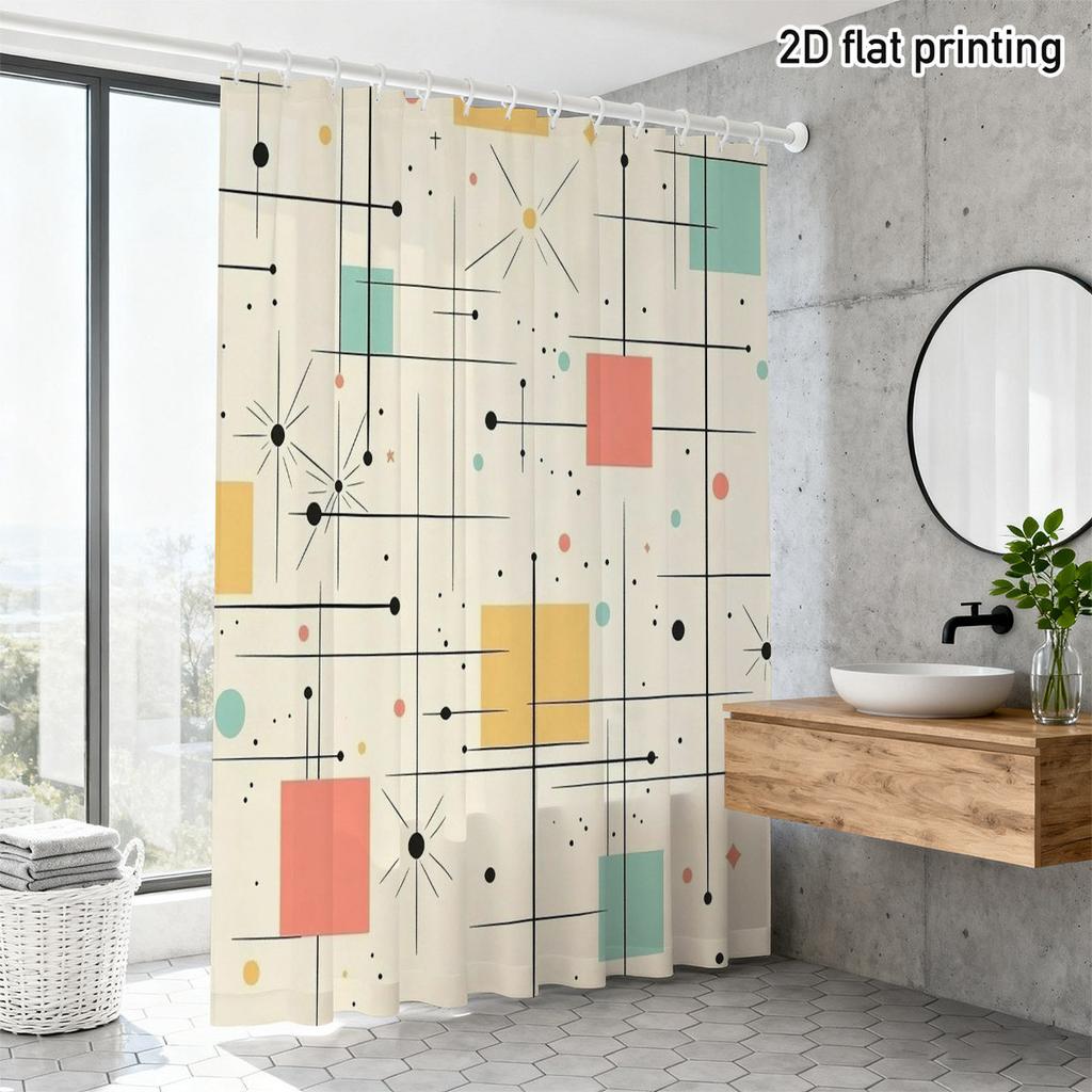 Mid-Century Modern Geometric Shower Curtain 1Pc With 12 Hooks For Bathroom Home Decor Polyester 2D Flat Print 70.8X70.8 Inch
