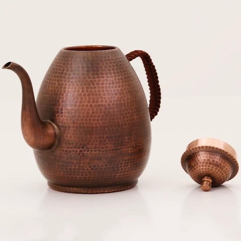 Handcrafted Pure Copper Coffee Pot,Large Capacity Retro Oval Shape Teaware 1000 Ml Filter Weave Heat Handheld Kettle,Teapot