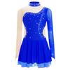 Girls Sparkle Rhinestones Figure Skating Costume Color Block Mesh Patchwork Long Sleeve Keyhole Back Dance Dress