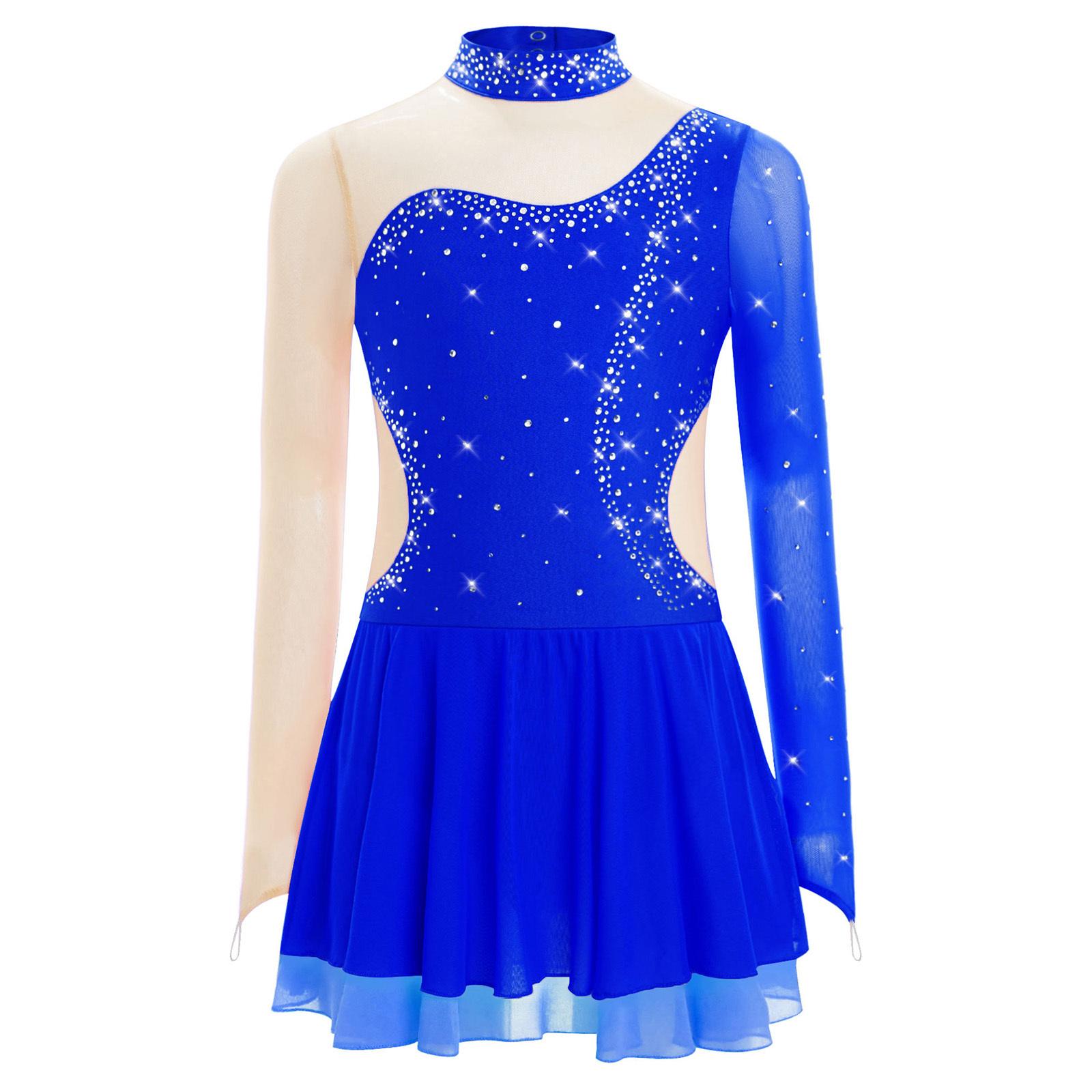 

Сукня для фігурного катання для дівчаток з довгим рукавом, вирізом-краплею на спині, блискучими стразами, кольоровими блоками та сітчастими вставками печворк, танцювальний костюм 5-6 Years королівський синій колір