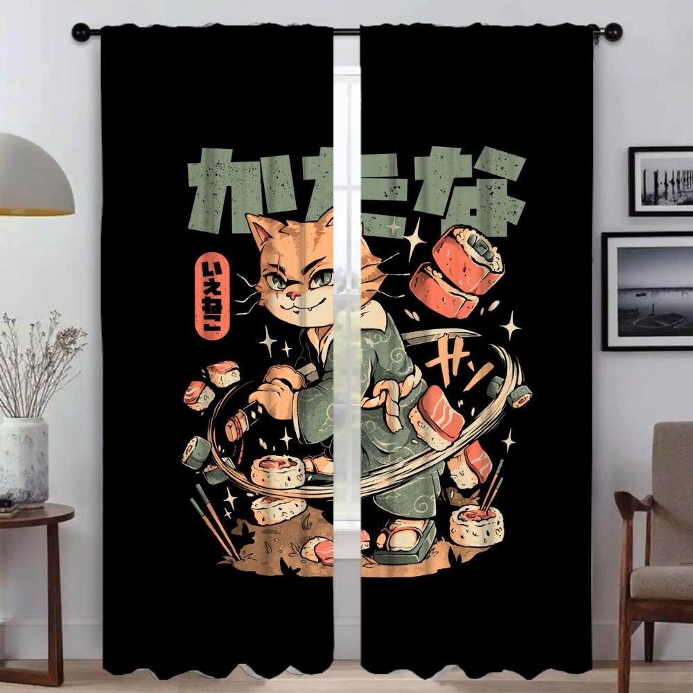 Sushi Cat Curtains for Bedroom Blackout Curtain for Room 2 Panel Shades Partition Halloween Decoration Home Interior Curtains