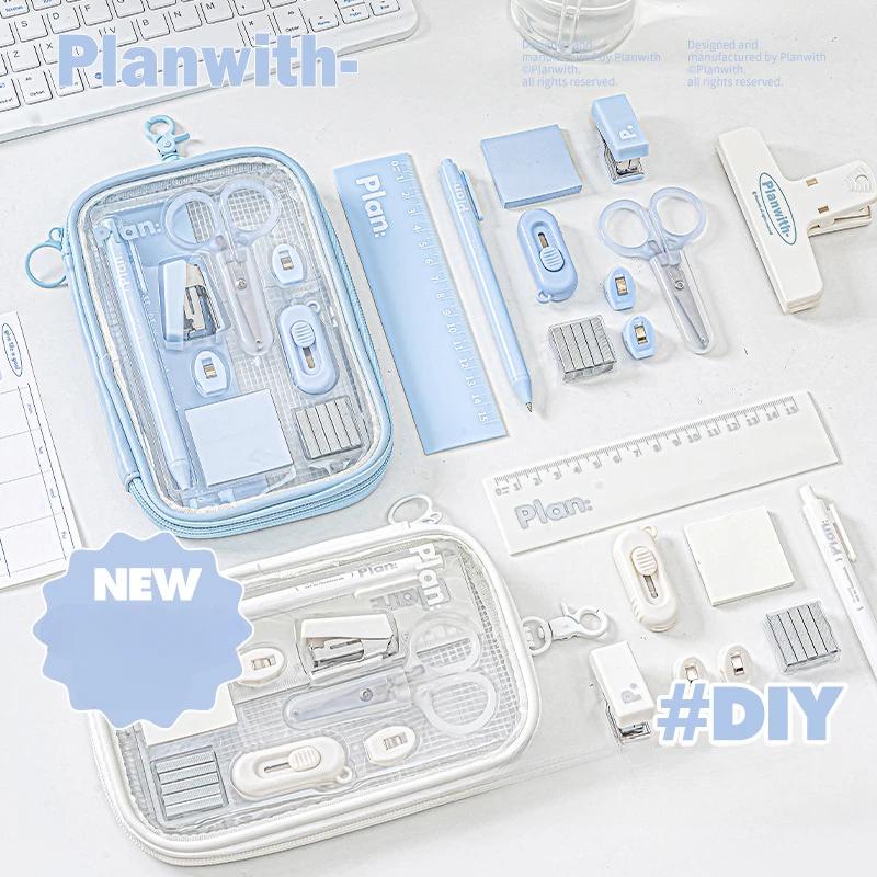 Mini Student Stationary Set for Kids Simplicity Blue White Color Pen Ruler Stapler Scissors Knife Set School Supplies Practical