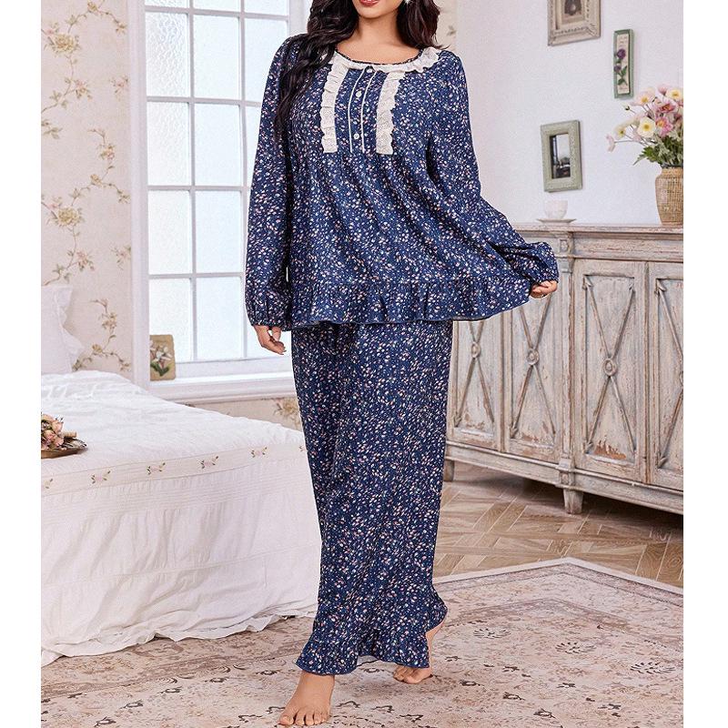 Women's Plus Size Lace Floral Pajama Set for Autumn/Winter - Comfortable European & American Style