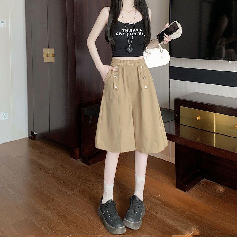 

Women s High-Waist Loose Fit Summer Shorts - Elastic, Wide-Leg, Mid-Length M (80-100 lbs) легкие хаки