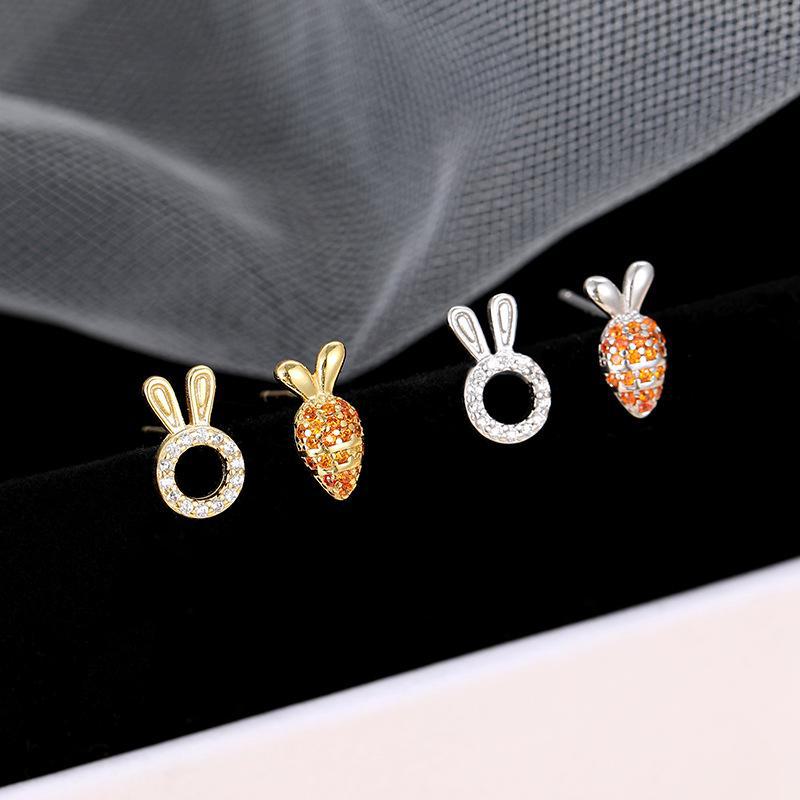 Banyan Tree S925 Silver Asymmetrical Rabbit & Carrot Zircon Earrings for Women