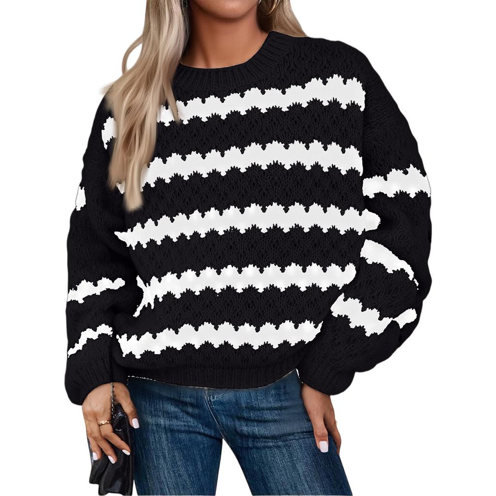 Women's Fashionable Loose Knit Pullover Striped Sweater