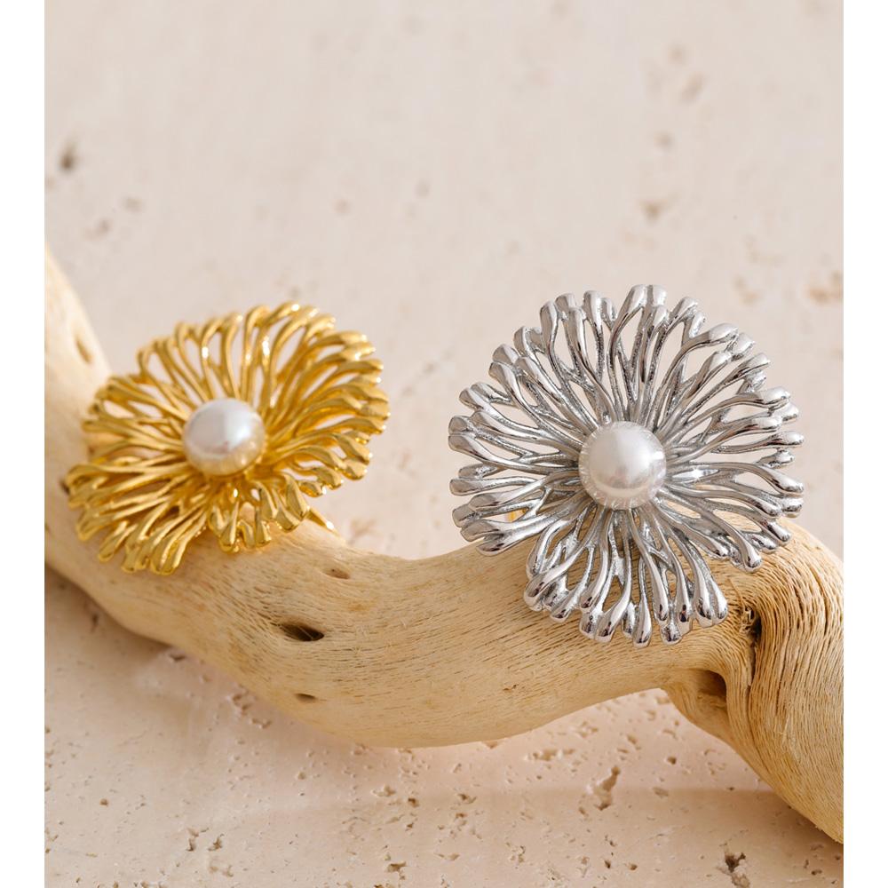 Yhpup Trendy Stainless Steel Pearl Flower Adjustable Ring Gold & Platinum Plated Stylish Unique Finger Jewelry Accessories Gift