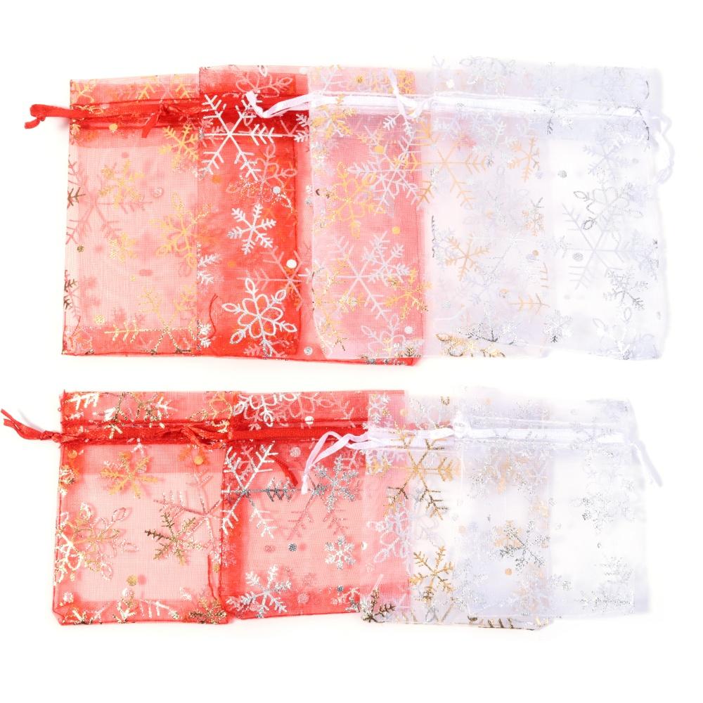 10pcs/lot Organza Gift Bags Snowflake Drawstring Pouches For Wedding New Year Christmas Party Candy Jewelry Gifts Packaging Bags