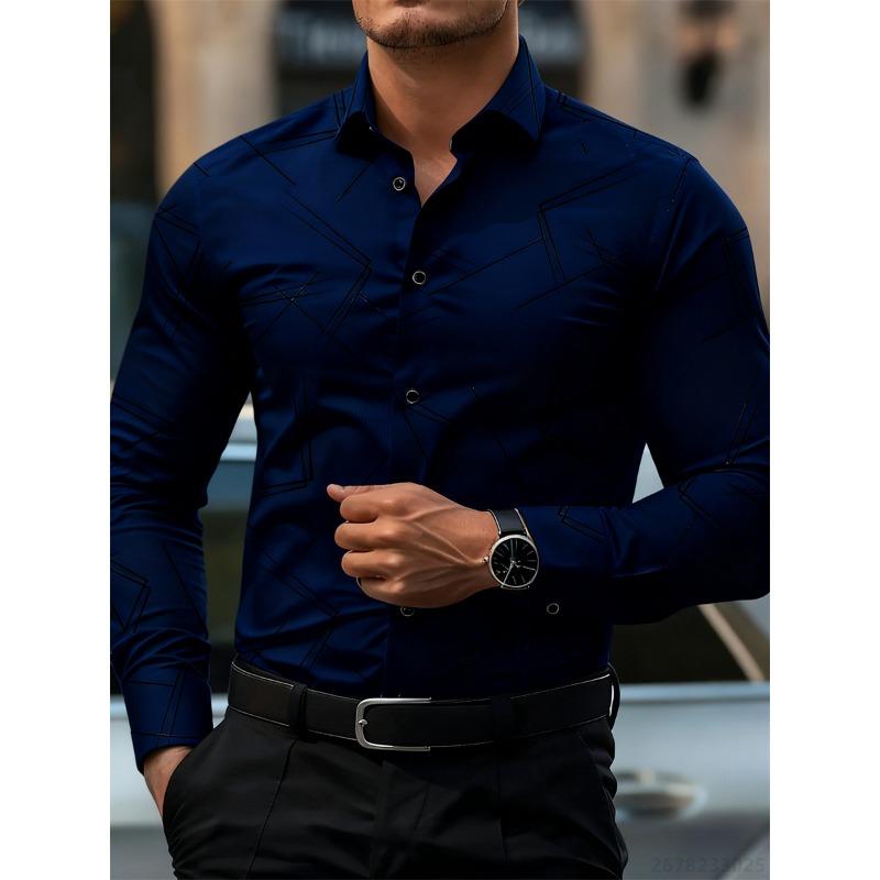 Herren Trendiges geometrisches Linienmuster Langarmhemd Business Casual Mode Design Slim Fit Bügelfrei Vielseitig Ins Style Hemd