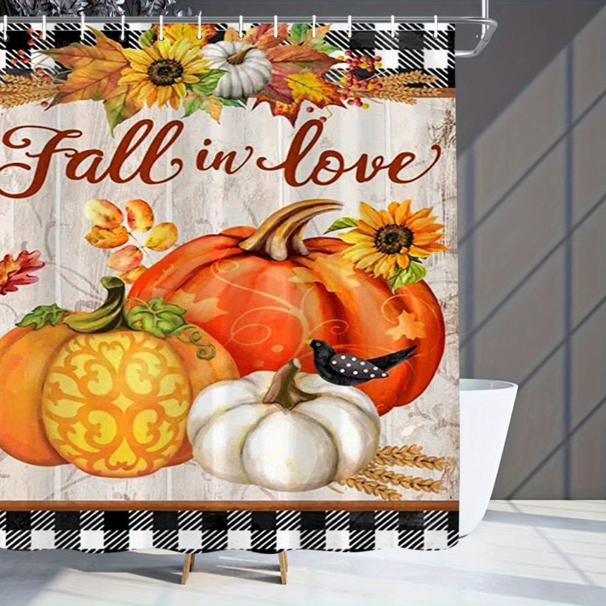 

1pc Fall Pumpkins with Flowers & Bird Bathroom Curtain - Vibrant Digital Print, No-Drill Hooks, Elegant Retro Design, Polyeste 90x180cm