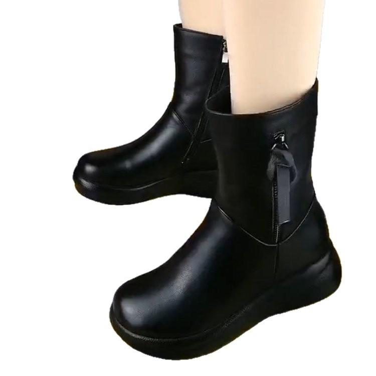 Flat-bottomed Medium Tube Short Boots Women's 2025 Winter New Round Head Simple High-end Extra-thick Ultra-light Thick-soled Thick-soled Velvet