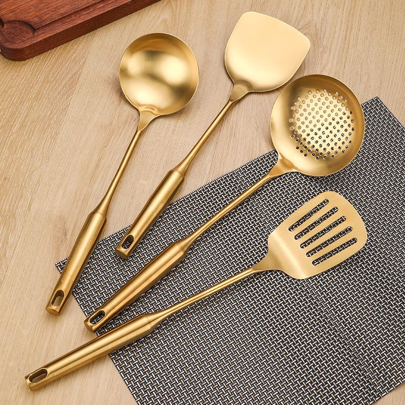 Gold-Plated 304 Stainless Steel Kitchen Utensil Set: Spoon, Spatula, Ladle, Skimmer, Wok Spatula, Rice Spoon, Slotted Spoon, Noodle Spoon