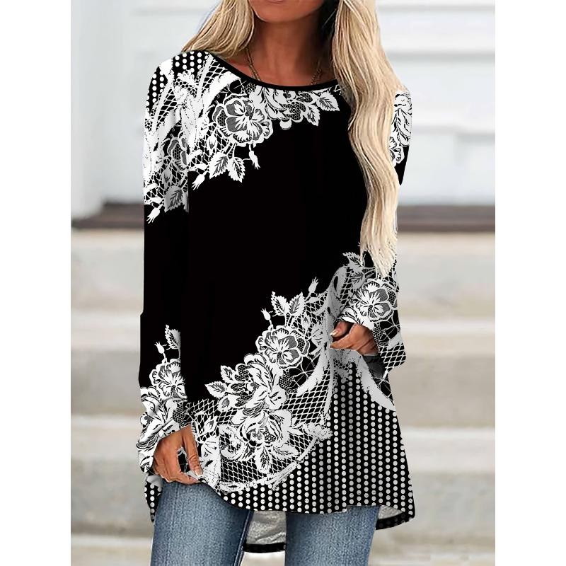 Plus Size - Plus Size Women S 3D Digital Floral Print Round Neck Long Sleeve T-Shirt S