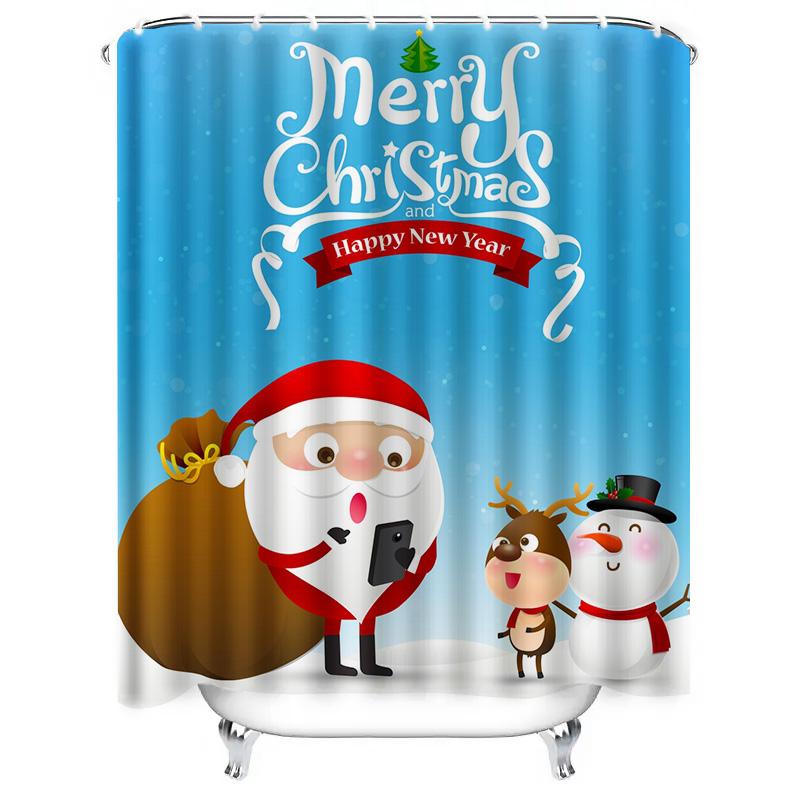 TU Christmas Shower Curtain Santa Claus Festive Holiday Bathroom Decor Reindeer Pattern Waterproof Xmas Home Decoration Gift