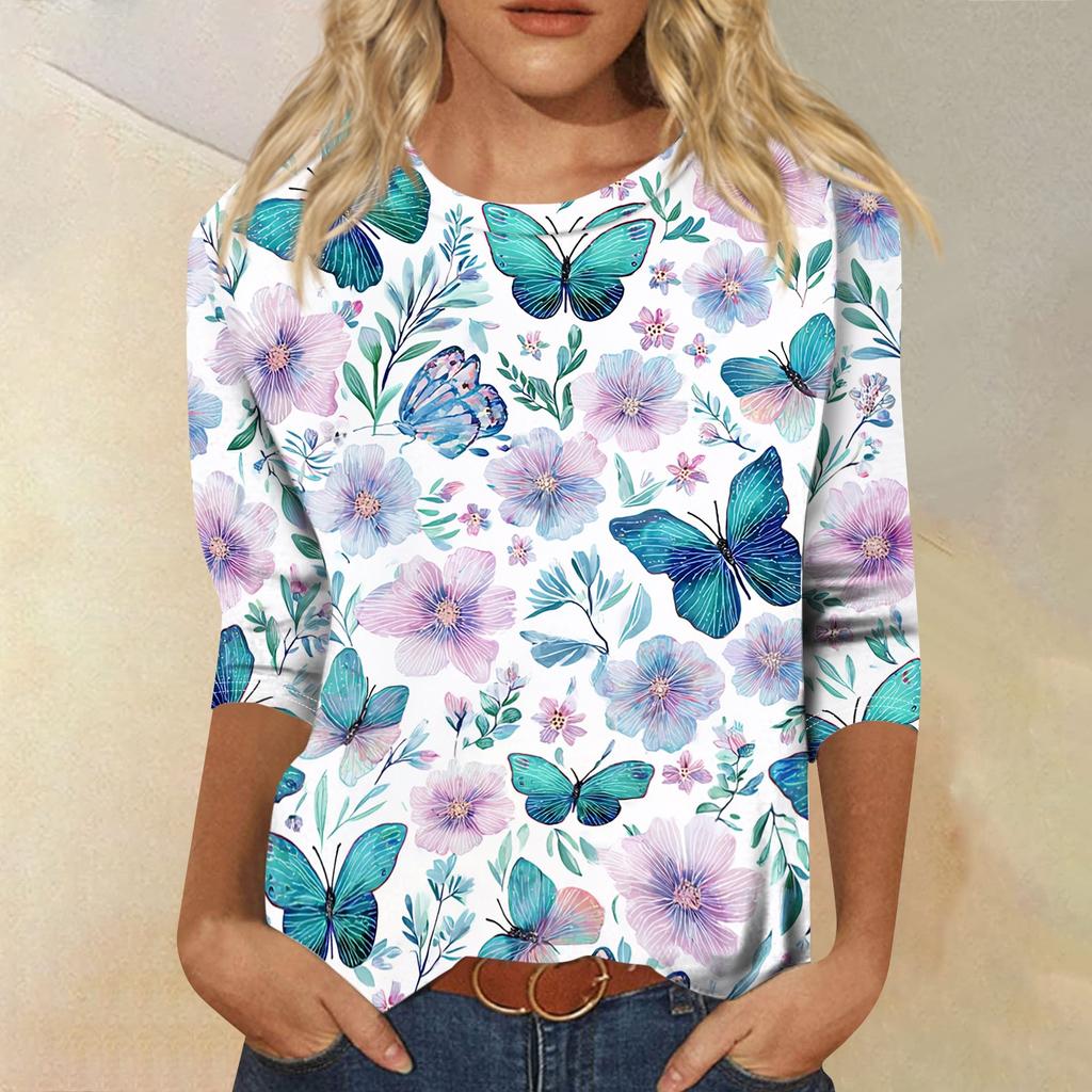 Women’s Crew Neck 3/4 Sleeve Casual Top with Floral Print Lightweight Pullover Loose Fit Blouse for Everyday Wear