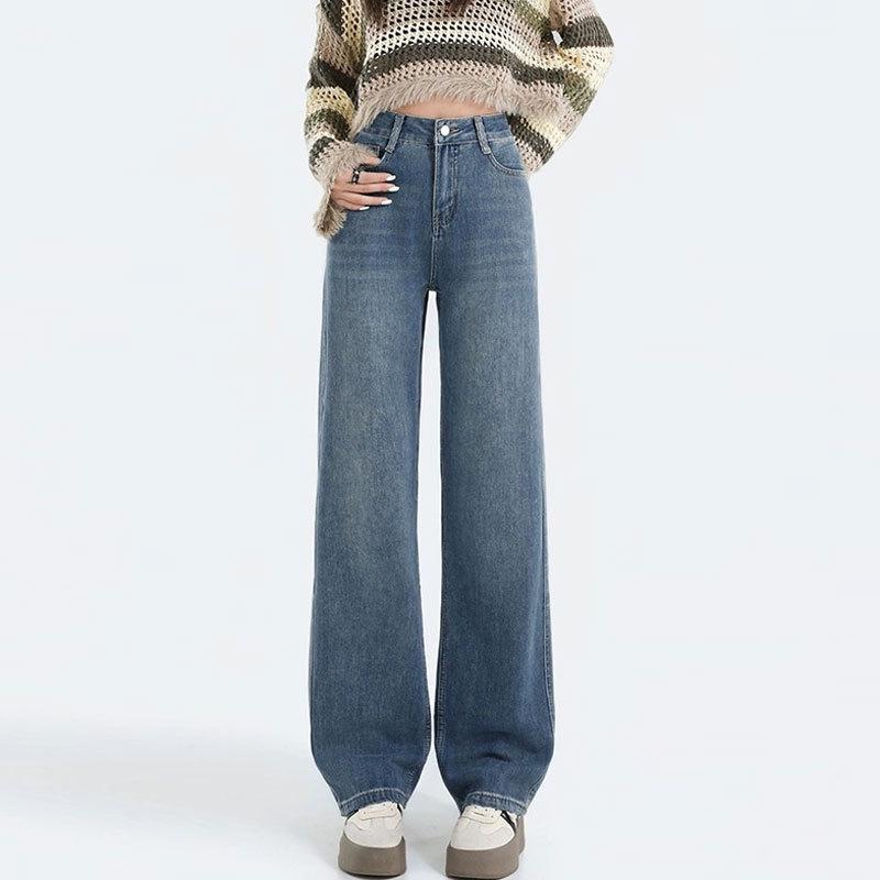 Women's High-Waisted Retro Straight-Leg Jeans - Figure-Flattering, Floor-Length, Casual Wide-Leg Design