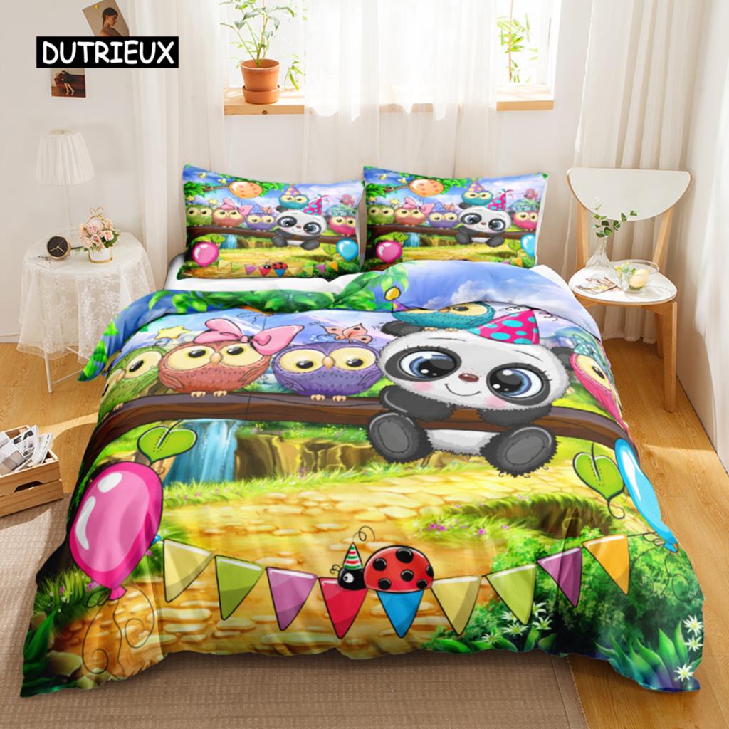 Owl Duvet Cover Set Cartoon Comforter Cover Happy Birthday Theme Bedding Set Cute Bird Polyester Quilt Cover Twin Size for Kids