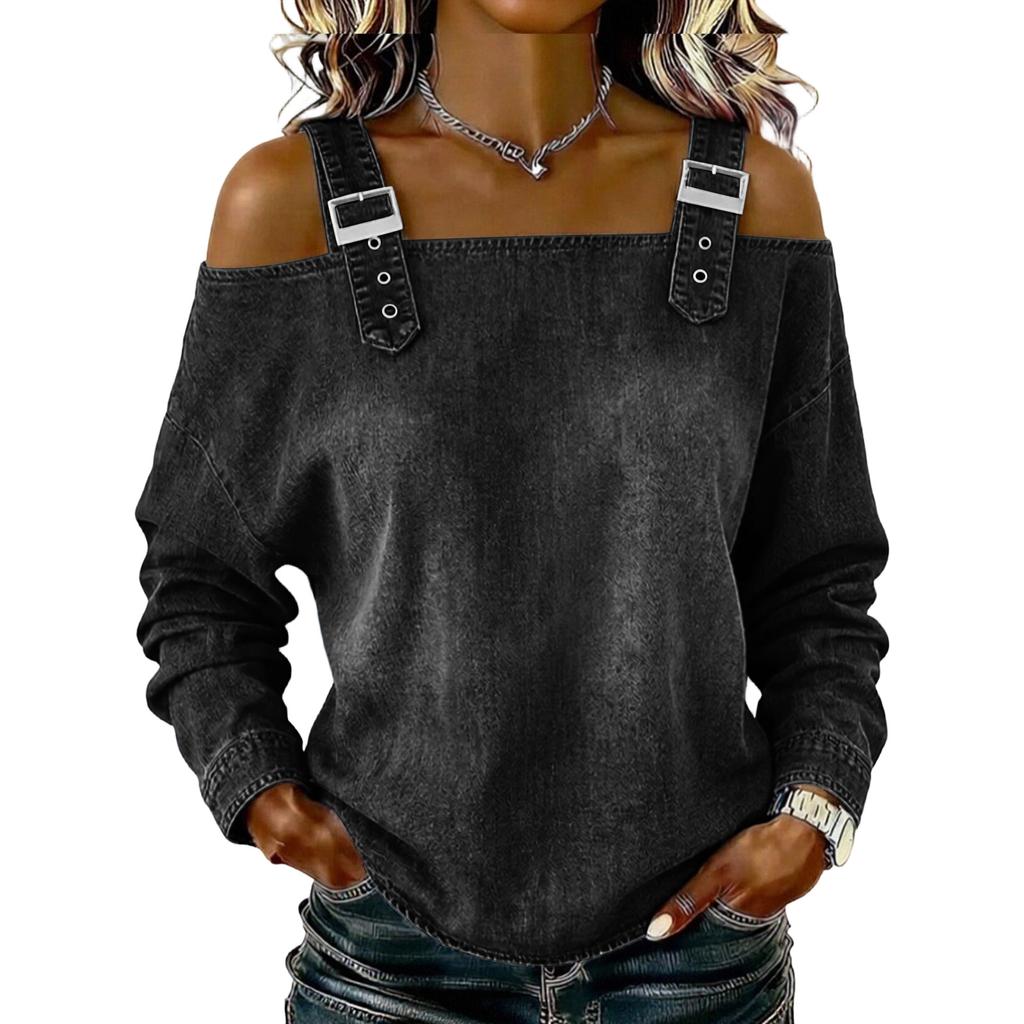 Women's Elegant And Versatile Off-the-shoulder Long-sleeved Top With Shoulder Straps.