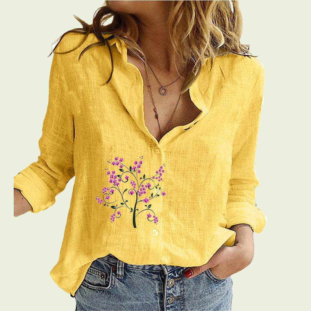 

Модная женская рубашка с цветочным принтом, весенне-осенняя повседневная льняная рубашка на пуговицах, женские блузки с длинными рукавами 5XL жёлтый