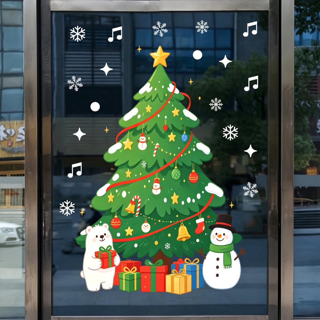 Sticker Cartoon Christmas Tree Static Window Sticker - Safe for Use on Living Room Windows Without Damaging Glass.