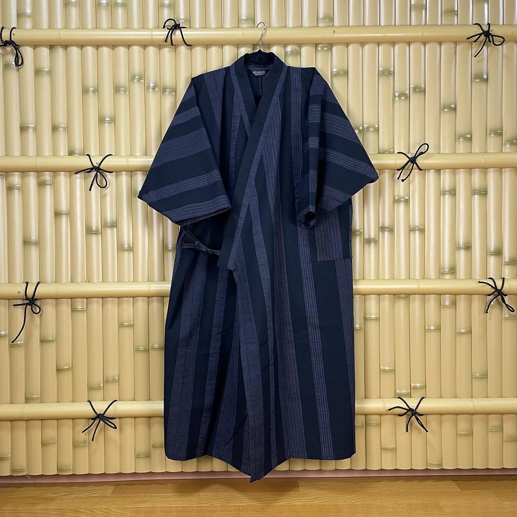 Exclusive Original Mizuyagi Black 120cm Length [momoten] [Amazon Brand] (Kimono, Workwear, Samue, Haori, Bathrobe, Apron) - Stripe,