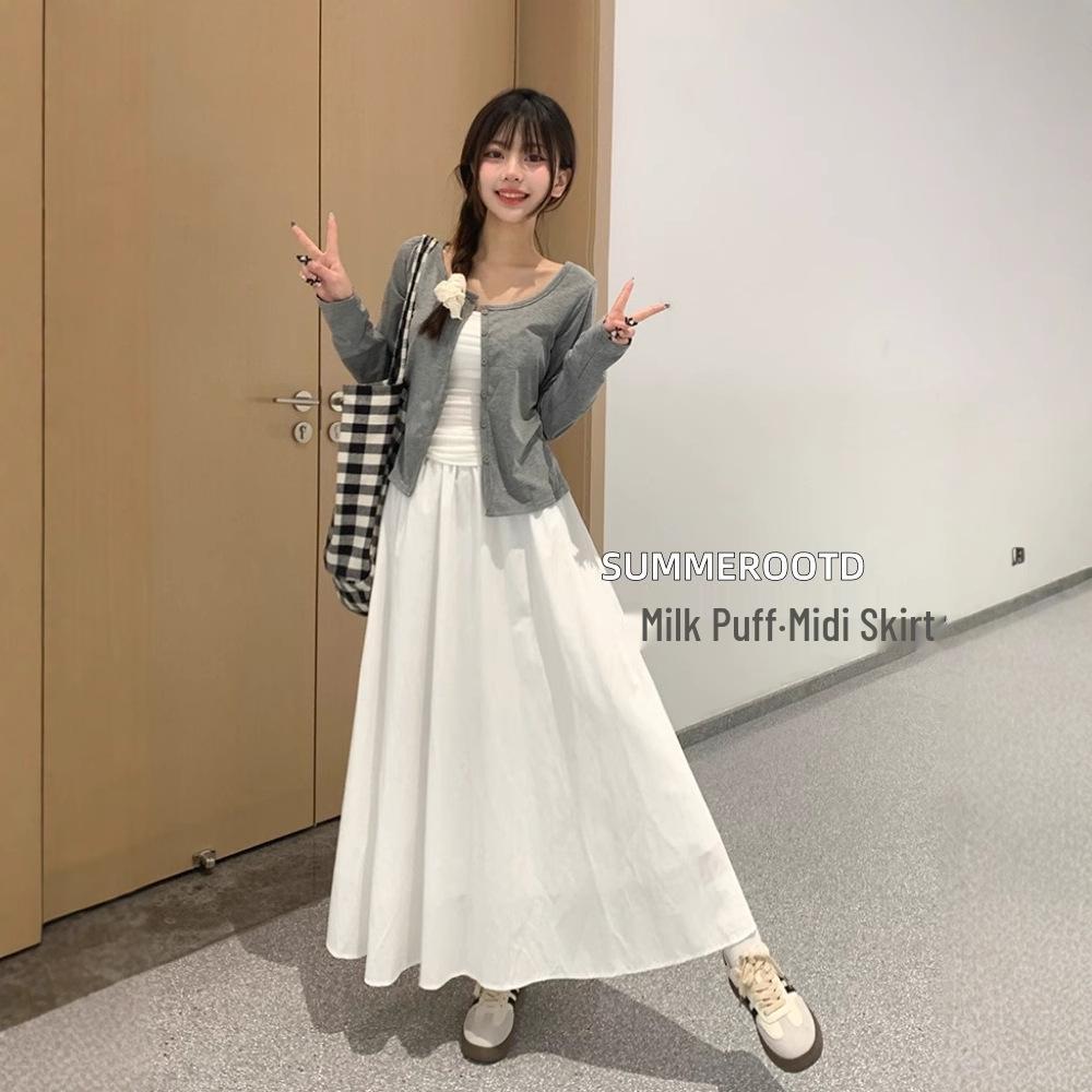 

2025 Women s High Waist Pleated A-Line Milk Puff Skirt L [105-125 lbs]