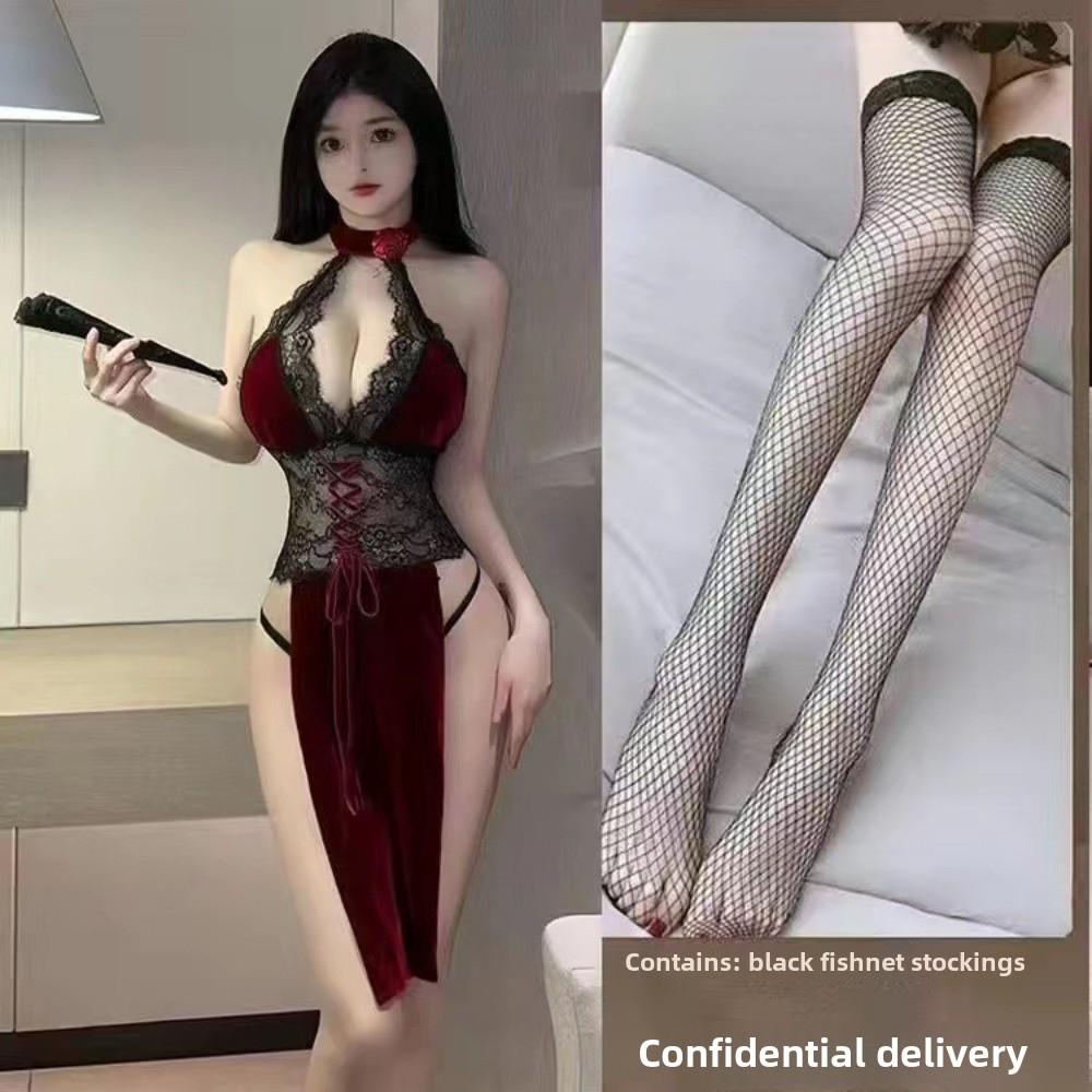 Hollow Backless Lace Cheongsam Sexy Revealing Convenient Dress Easy To Take Off Private Bedroom Nightdress
