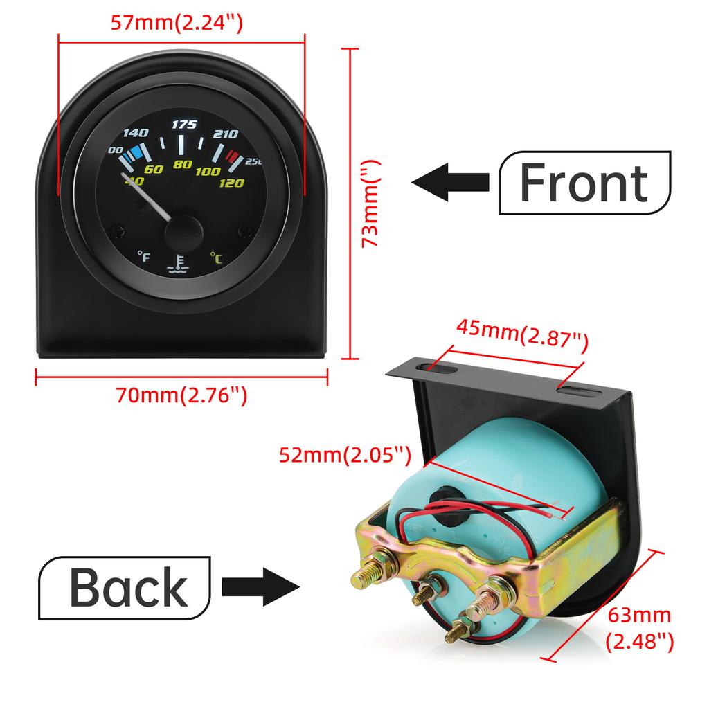 Medidor de Temperatura del Agua de 2" 52mm con Adaptador de Sensor 40-120℃ 100-250℉ Medidor de Temperatura del Agua para Coche de Carreras de Gasolina Automóvil 12V
