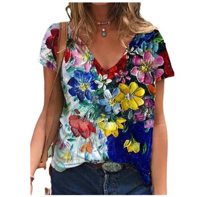 Flaches, kurzärmliges Damen-T-Shirt mit V-Ausschnitt und 3D-Blumendruck, Damenbekleidung, ein glattes Haarteil