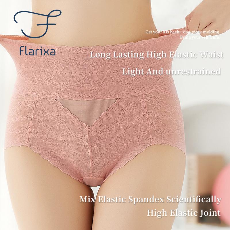 Flarixa Women Sexy Lace Panties High Waist Tummy Control Briefs Floral Perspective Uderwear Female Hollow Transparent Underpant
