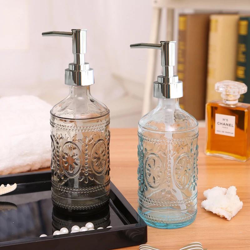 Stylish Blue And Gray Glass Soap Dispenser 420ml Square Bottle For Lotion And Liquid Soap