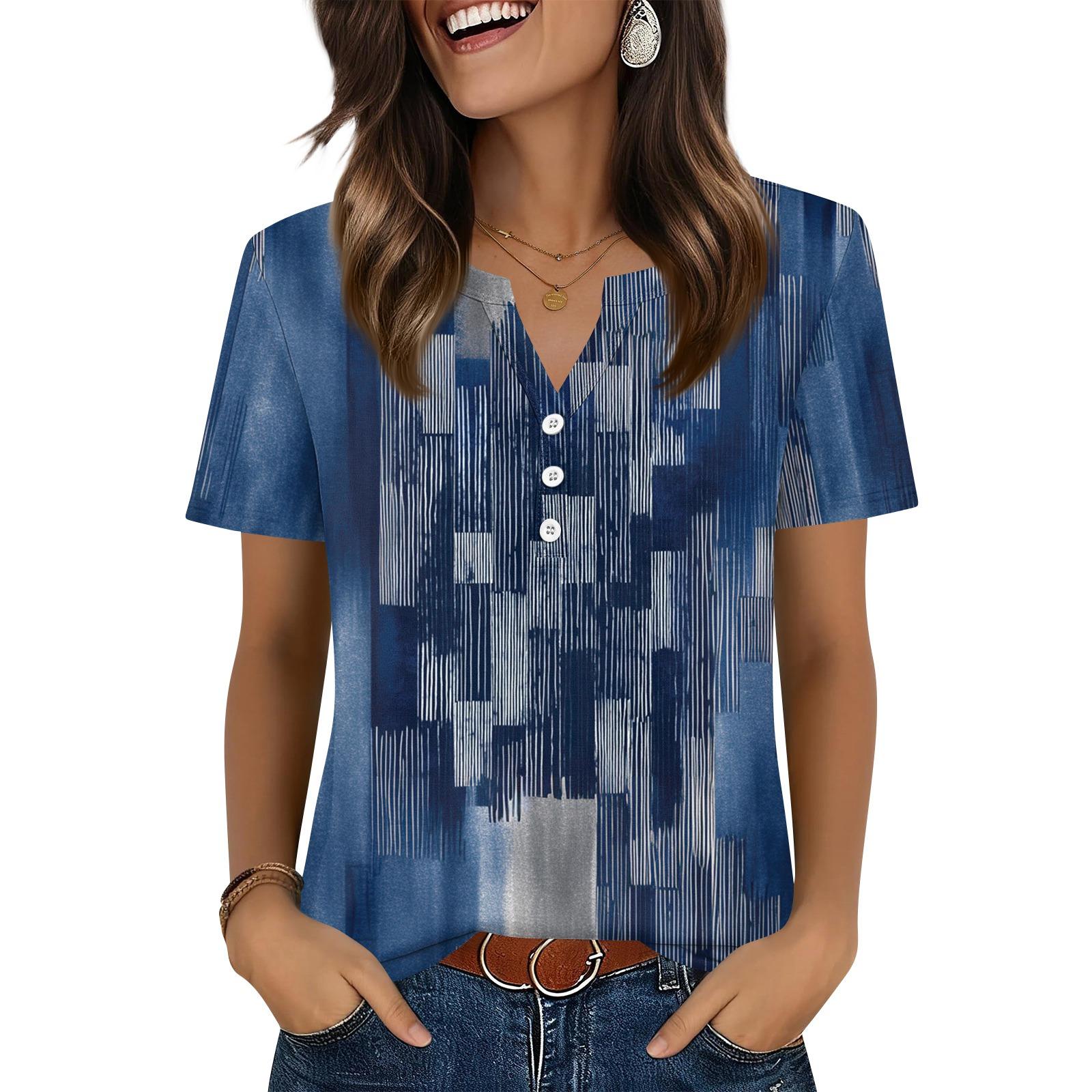 

Women s T Shirt Independence Day Print Button Short Sleeve Daily Weekend Fashion Basic V- Neck Regular Top XXL синій