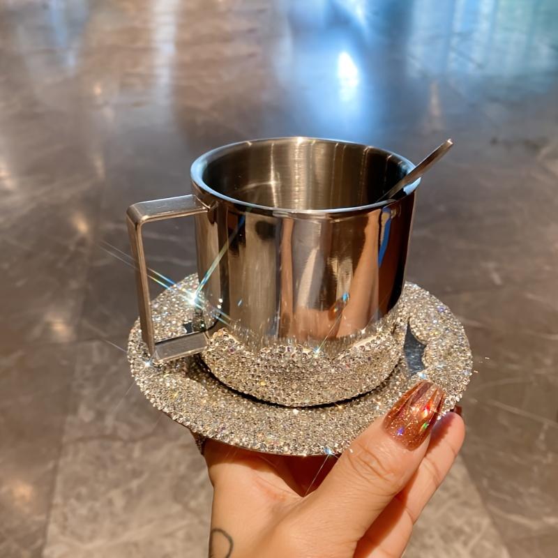 Rhinestone Coffee Cup Set with Saucers Shimmering Stainless Steel Insulated Mugs  Dessert Plates for Americano Latte Cafe Gift