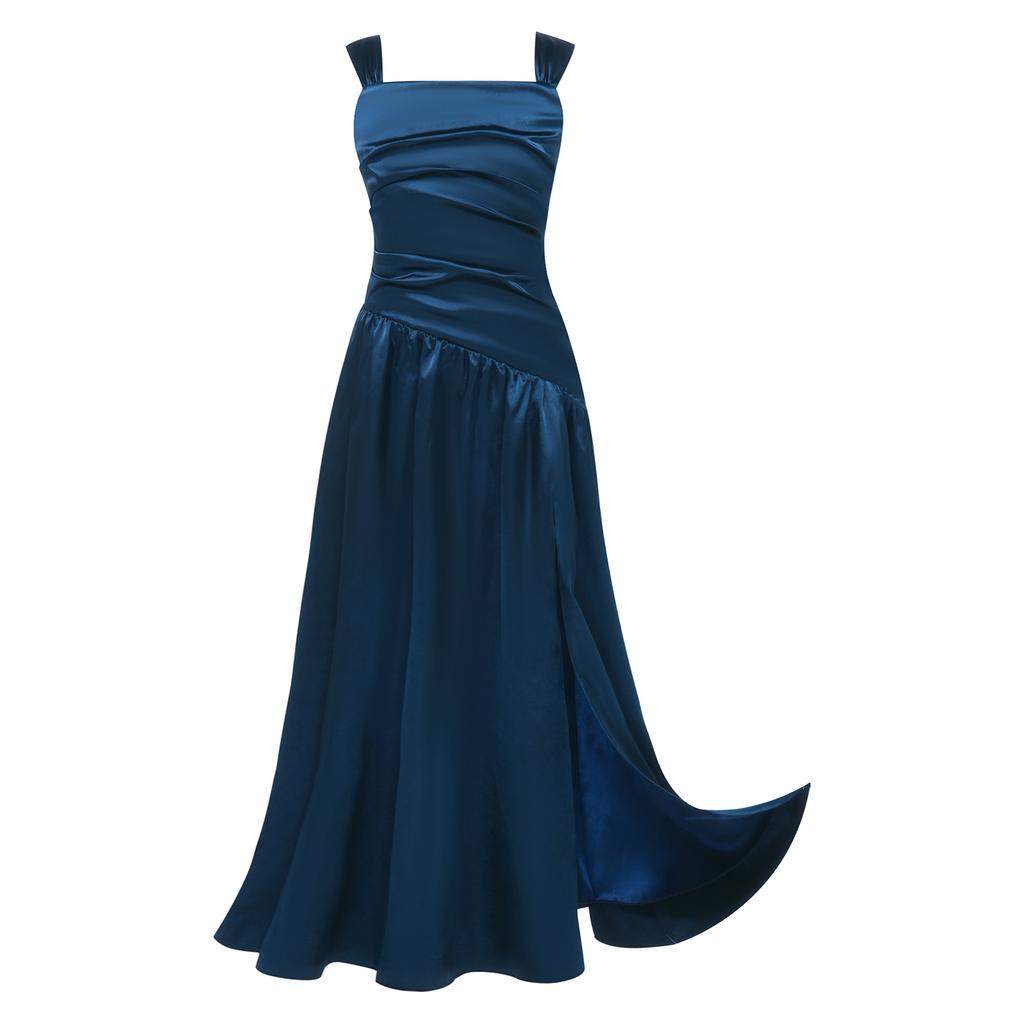 Robe de Soirée Satinée Fleurie pour Fille Sans Manches Corsage Froncé Taille Basse Asymétrique Robe Coupe A Ligne Fente Latérale pour Mariage Baptême
