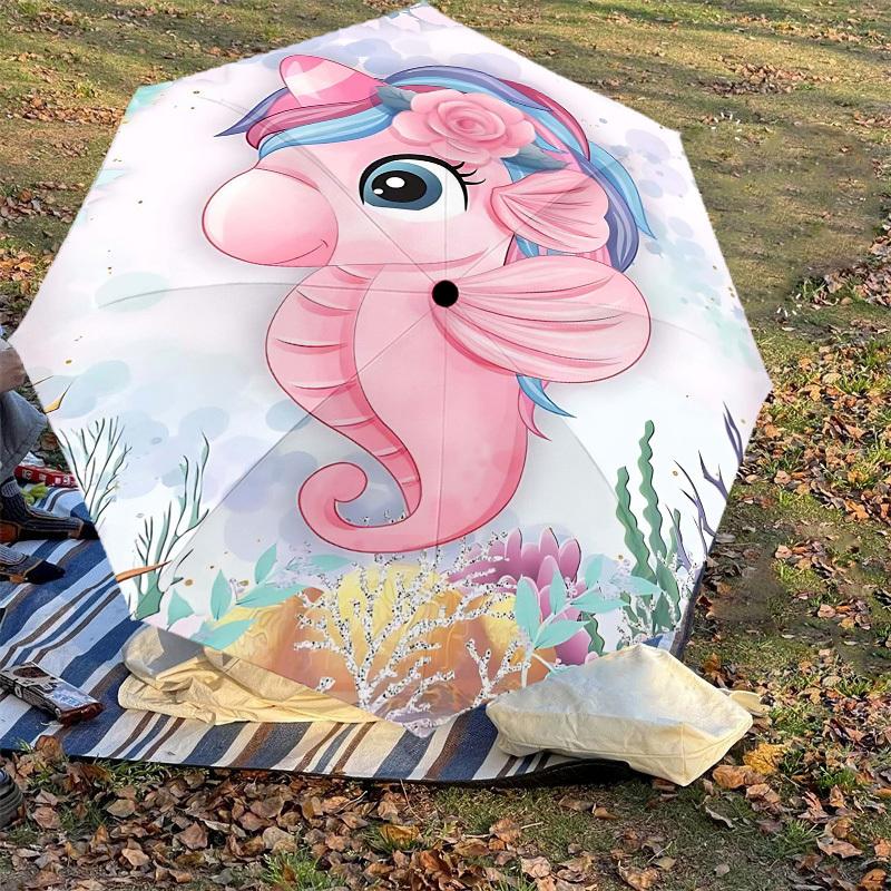 1PC Seahorse, Ocean Umbrella-8-Rib Reinforced Portable Folding Travel Suitable for All Seasons Outdoor Daily Use-Z0476