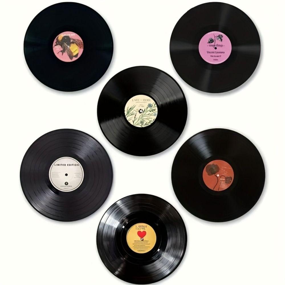 6Pcs 2D Printed Vinyl Record Coasters Anti-slip Retro Record Design Wooden Coasters Heat Insulation Cup Mats Photography Props