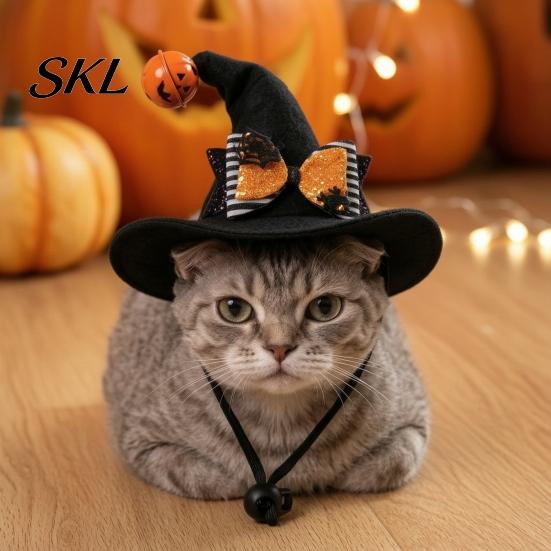 Pet Halloween Hat Cat Wizard Hat, Bent Pointed with Pumpkin Bell, Sequined Bow Festive for Cats Small Dogs Stiff Felt