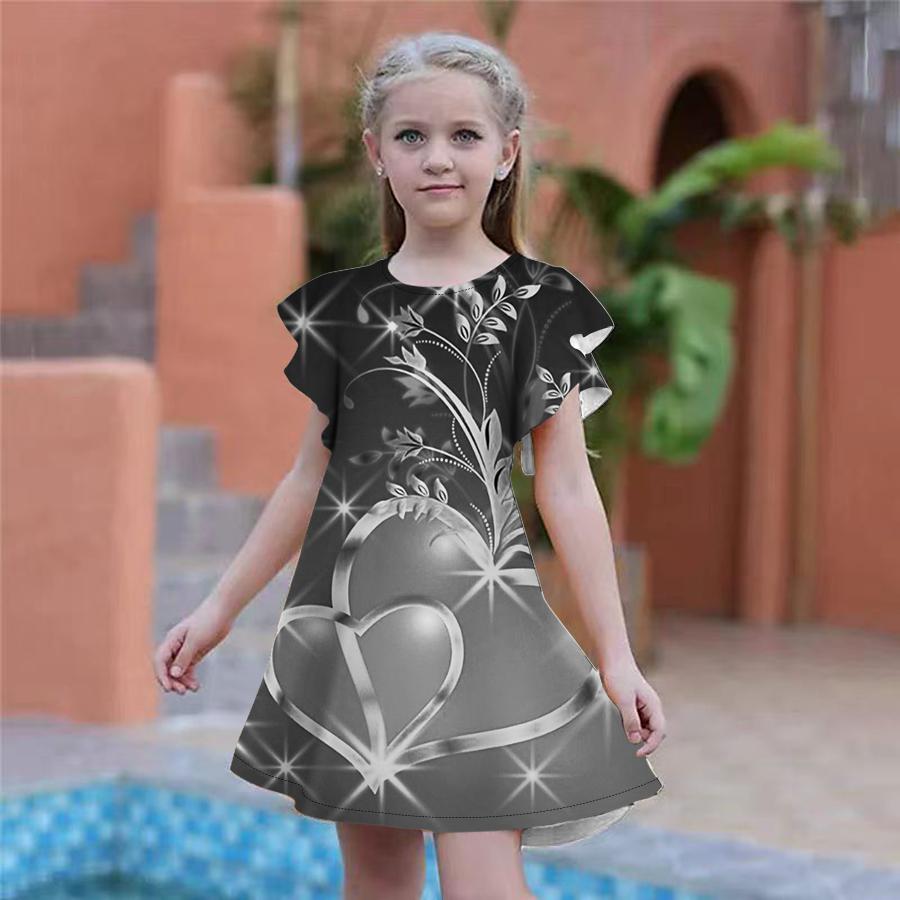 Flickors Morot av Kärlek Tryck Klänningar Barn Flickor Festklänning Lös Passform Lös Passform Kortärmad Kjolar För Flickor Över Fyra År Gamla