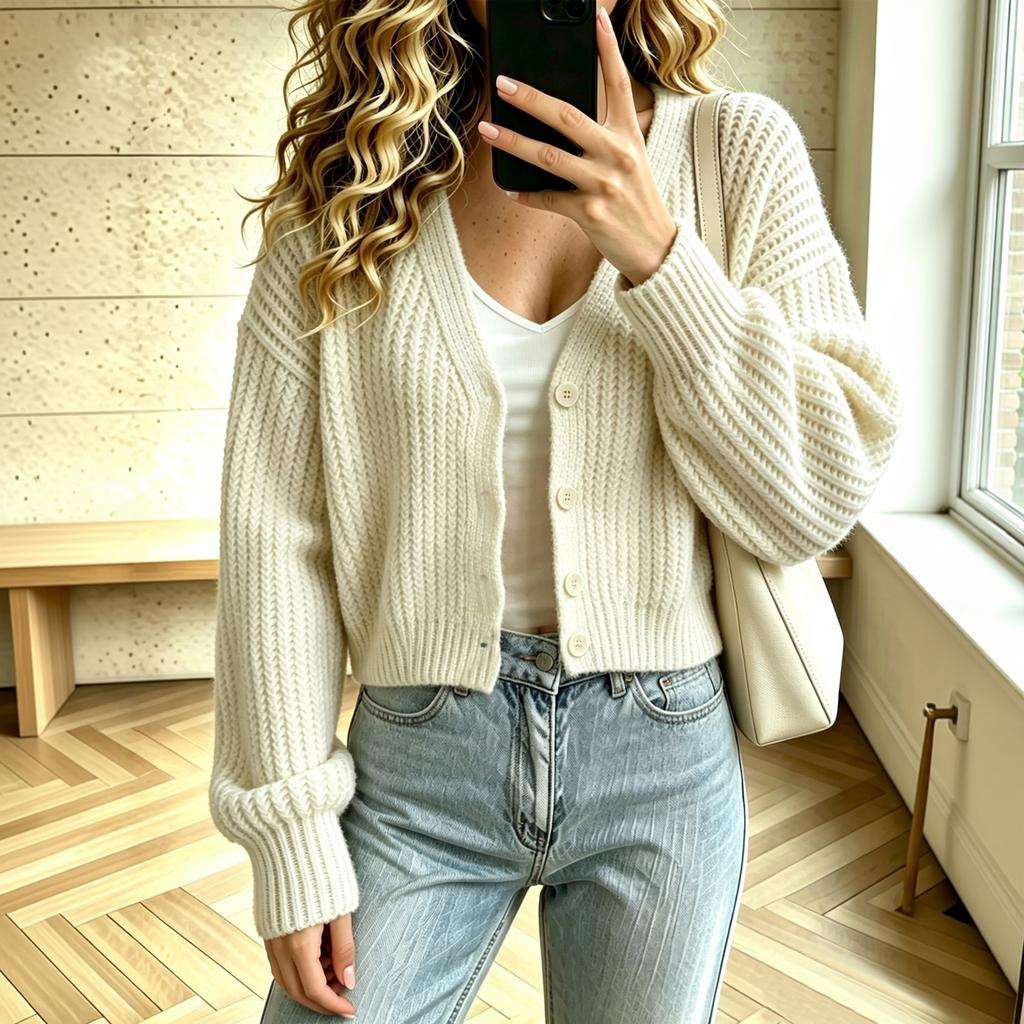 Women's Color Drop Shoulder Long Sleeve Soft Knit Sweater with Two Pockets