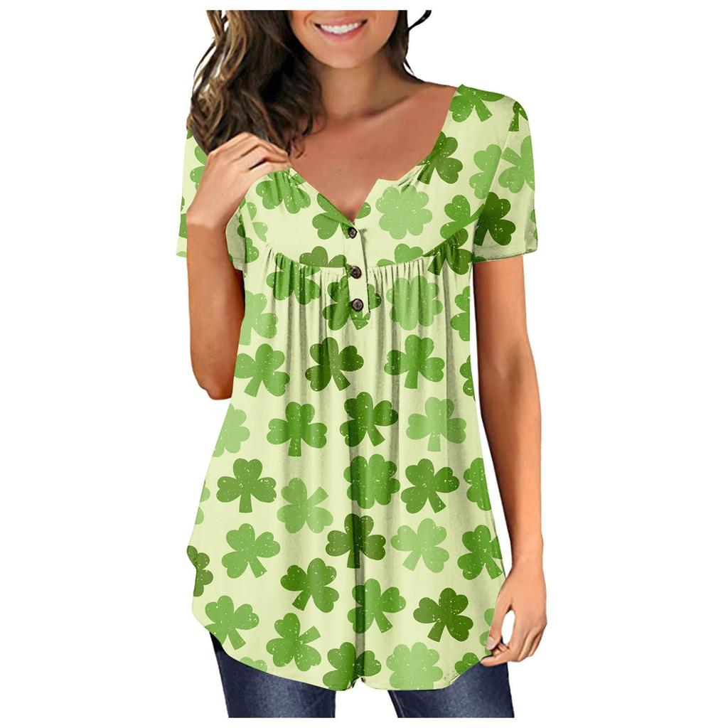 Damenmode St. Kurzärmliges, kurzärmliges Live-Button-Oberteil mit V-Ausschnitt und Patrick's Day-Print