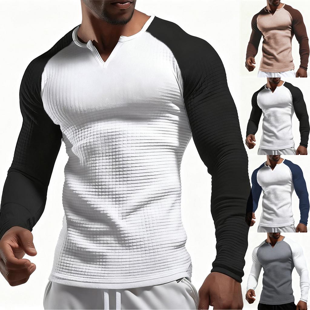 Men's V-neck Colorblock Long Sleeved T-shirt Casual Sports Slim Fit Top