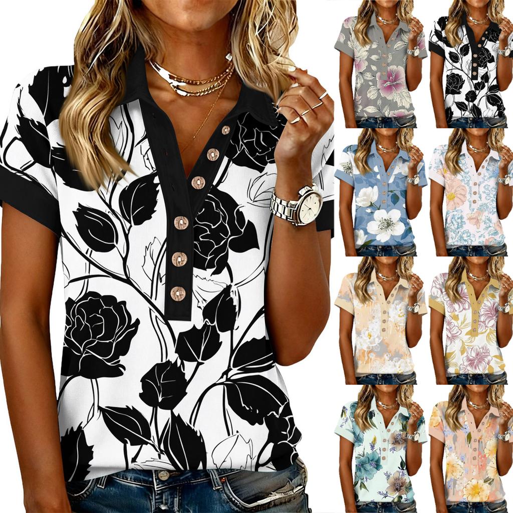 Modna i casualowa damska letnia bluzka z dekoltem V, patchworkowa, z krótkim rękawem i kwiatowym wzorem