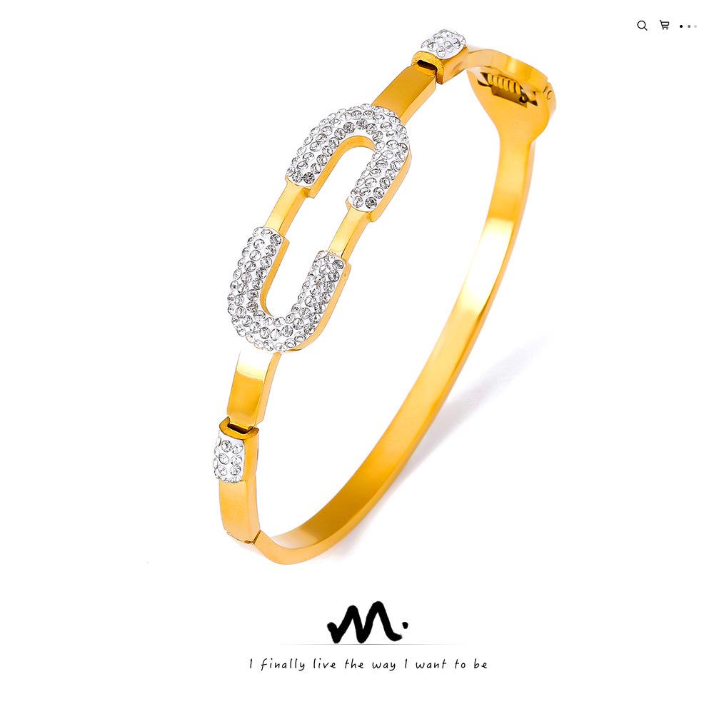 Minimalist European-American Gold-Plated Titanium Steel Bangle with Geometric Design and Diamond Detailing