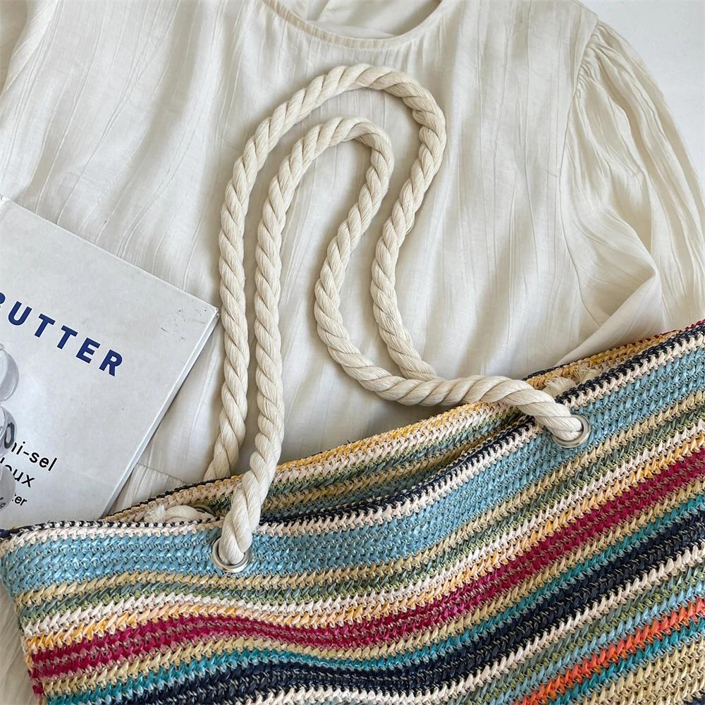 Straw Fabric Woven Design Women Tote Bags Rainbow Color Large Capacity Summer Beach Shoulder Shopper Bag Casual Commute Handbags