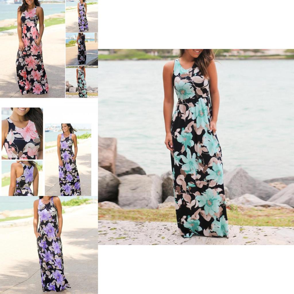 Summer Women's Elegant Casual Sleeveless Floral Printed Beach Dress Long Sundress